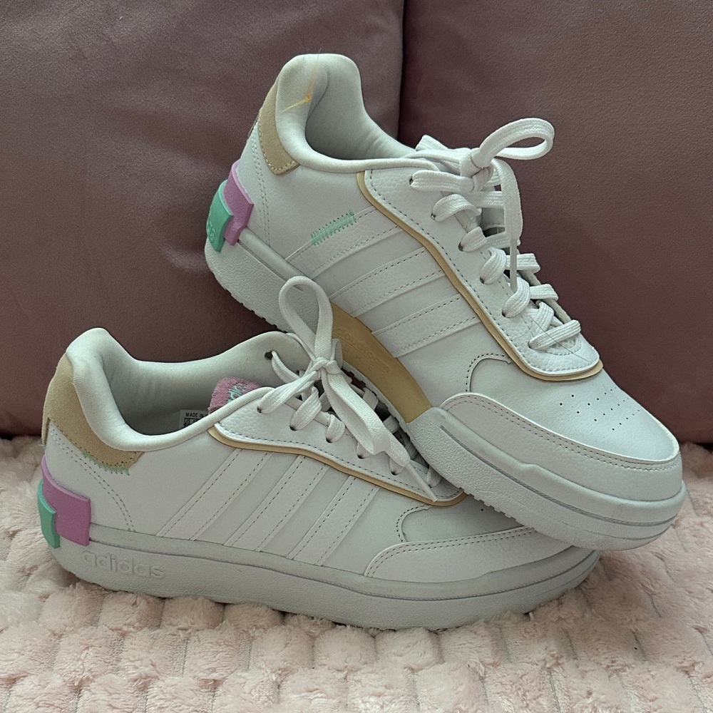 Adidas Women's White Sneakers with Gold and Pastel Highlights